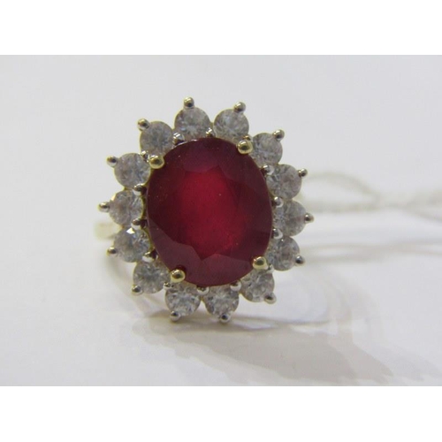 551 - RUBY CLUSTER RING, large oval ruby ring, cluster of white sapphires, 9ct gold band, size K, 5.5 gram... 