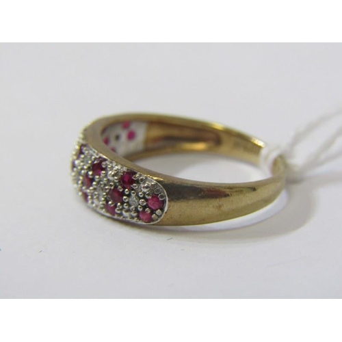 552 - 9ct YELLOW GOLD RUBY & DIAMOND ETERNITY STYLE CLUSTER RING, size N