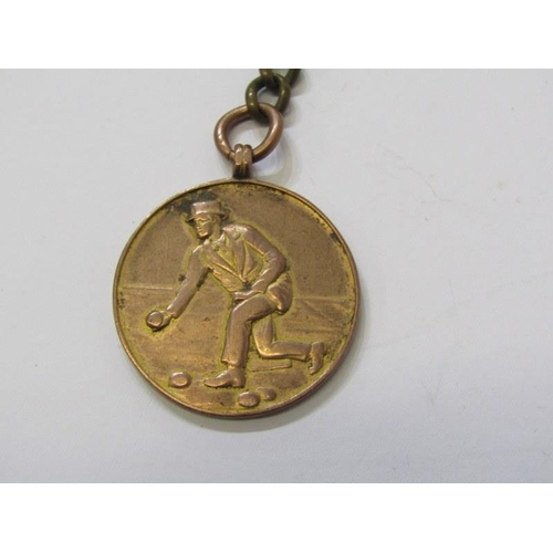 559 - YELLOW METAL ALBERT CHAIN WITH T BAR, together with 9ct yellow gold bowling fob, fob approx 6 grams