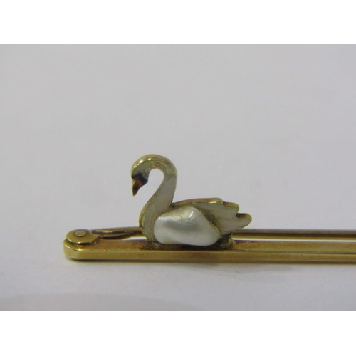 568 - 15ct YELLOW GOLD LAPEL PIN in the form of a mute swan, baroque pearl body and enamel neck and head, ... 