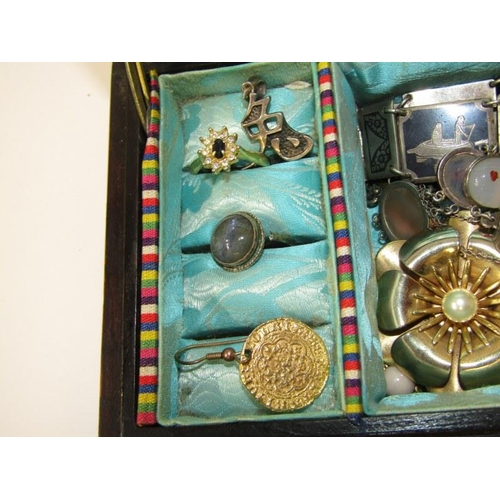 572 - WOOD JEWELLERY BOX containing selection of costume, including bracelets, rings, brooches, etc