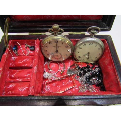 577 - COSTUME JEWELLERY, box containing selection of compacts, screw back pocket watch, earrings, etc