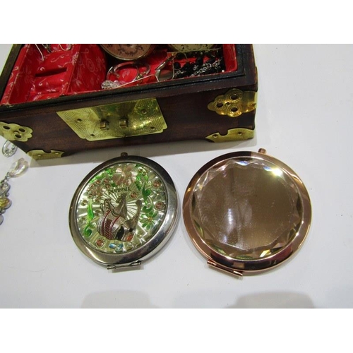 577 - COSTUME JEWELLERY, box containing selection of compacts, screw back pocket watch, earrings, etc