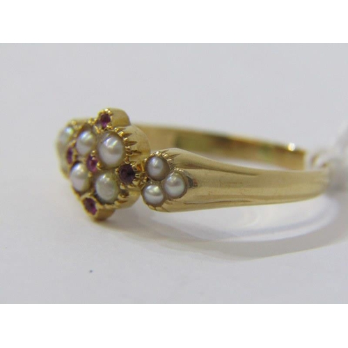 579 - VINTAGE PEARL RING, 18ct yellow gold ring set pearls, rubies and an amethyst , size R