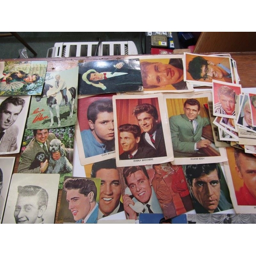 595 - POP & FILM STAR EPHEMERA, small collection of trade cards, postcards & related items, some signed