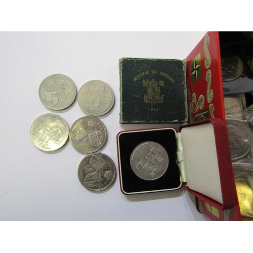 70 - FIVE POUND CROWNS X 6 in a tin of other crowns including 1951 FOB crowns x 2