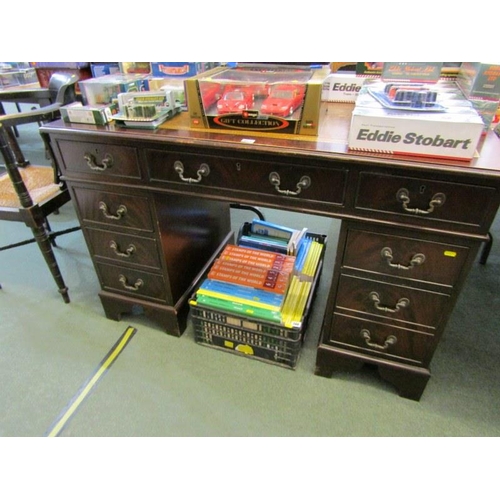 864 - KNEEHOLE DESK, leather topped twin pedestal 9 drawer kneehole desk