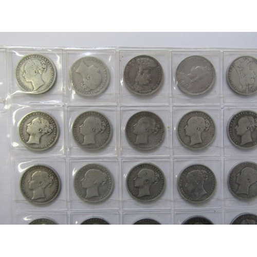 89 - A SHEET OF VICTORIAN SILVER SHILLINGS X 59, ranging from 1838 to 1900, various condition but good co... 