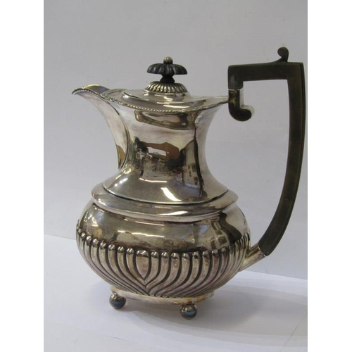 13 - GEORGIAN DESIGN SILVER COFFEE POT, fluted rectangular base with spherical feet, ebonised handle and ... 