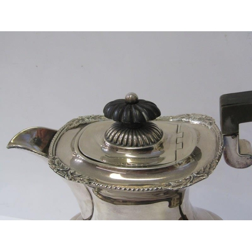 13 - GEORGIAN DESIGN SILVER COFFEE POT, fluted rectangular base with spherical feet, ebonised handle and ... 