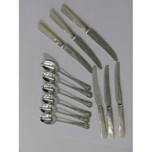 26 - SET OF 6 MOTHER-OF-PEARL HANDLED HM SILVER BLADED TEA KNIVES, Sheffield 1938, also set of 6 silver o... 