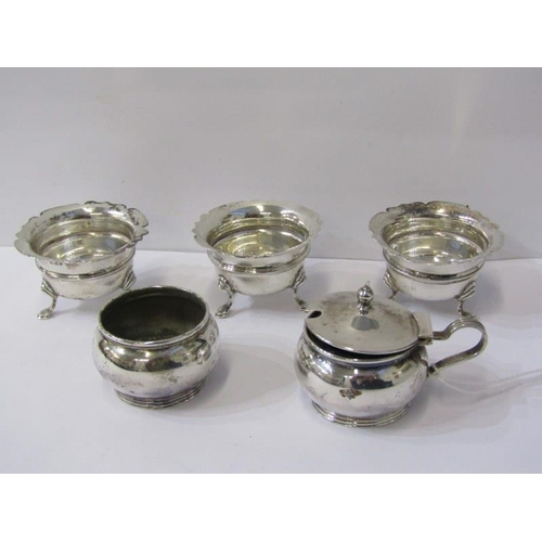 27 - SILVER CONDIMENTS, 3 silver lobed edge salts on hoof feet, Birmingham 1905/07 together with 2 other ... 