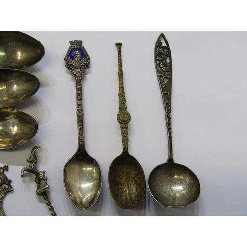 28 - CUTLERY- crested spoons, 3 Georgian silver teaspoons and replica anointing spoon