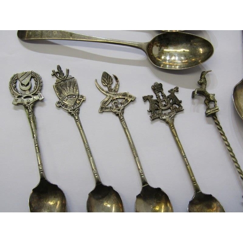 28 - CUTLERY- crested spoons, 3 Georgian silver teaspoons and replica anointing spoon