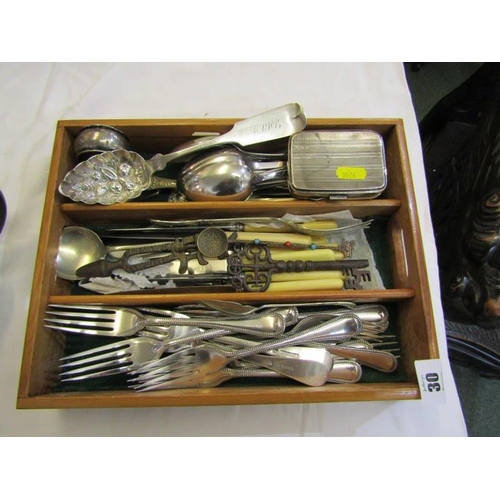 30 - SILVER CHEROOT CASE, also silver embossed fruit spoon, plated cutlery, also antique ornate steel key... 