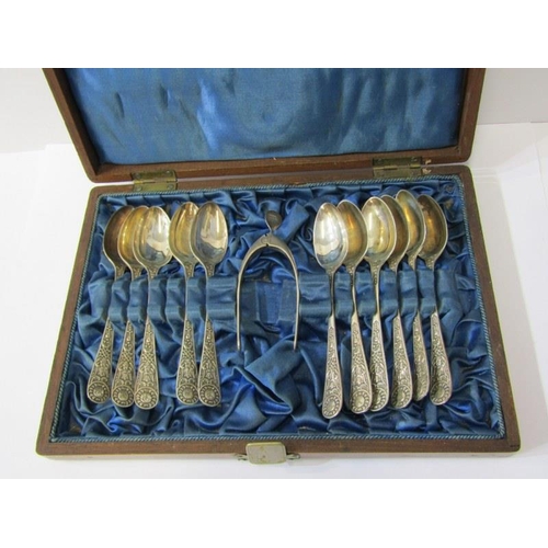 40 - CASED SILVER TEA SPOONS, set of 11 ornate handled tea spoons, possibly Sheffield 1898, together with... 