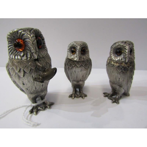 16 - NOVELTY SILVER OWL SET, novelty HM 3 piece silver condiment set of 2 pepperettes and mustard with gl... 