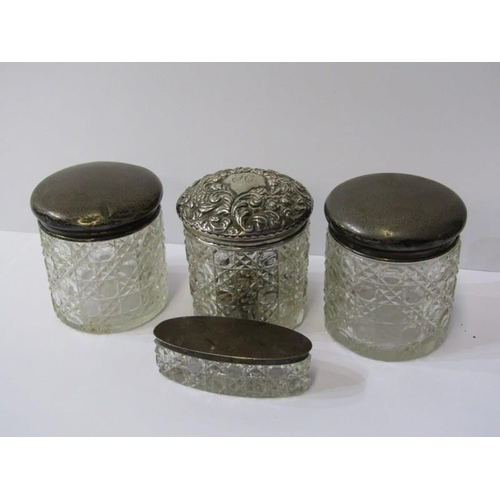 50 - VANITY JARS, 3 silver lidded cut glass vanity jars, together with similar oval pin dish