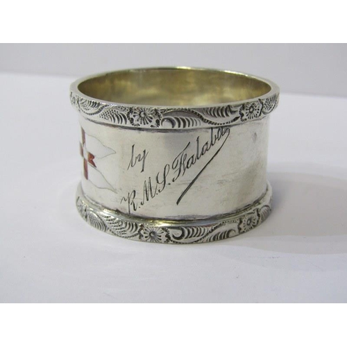 57 - SILVER SERVIETTE RINGS, 3 nautical enamelled flag souvenir silver serviette rings, pair for R.M.S. H... 