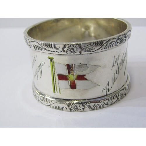 57 - SILVER SERVIETTE RINGS, 3 nautical enamelled flag souvenir silver serviette rings, pair for R.M.S. H... 