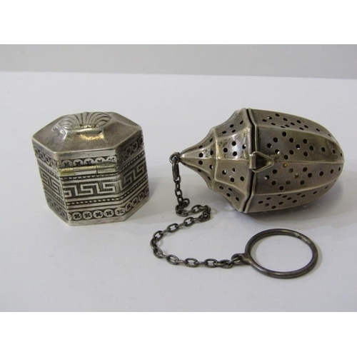 58 - STERLING SILVER TEA INFUSER PENDANT, also silver hexagonal pill box