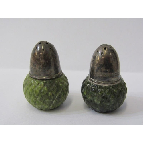 6 - NOVELTY CONDIMENTS, pair of acorn design carved hardstone silver capped pepperettes, Birmingham 1904... 