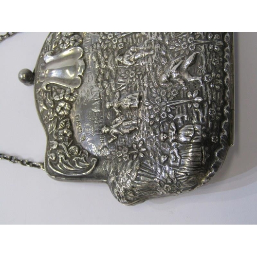 62 - EDWARDIAN EMBOSSED SILVER LADIES PURSE with  scenes of figures in garden setting, Chester 1909