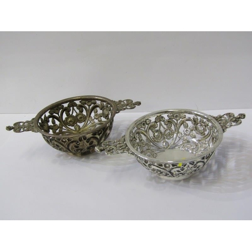 9 - PAIR OF VICTORIAN SILVER SWEETMEAT DISHES, of quaich-design, embossed and pierced floral body with t... 