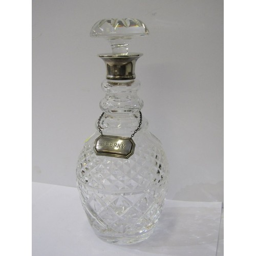 56 - SILVER MOUNTED CUT GLASS DECANTER with silver sherry decanter label