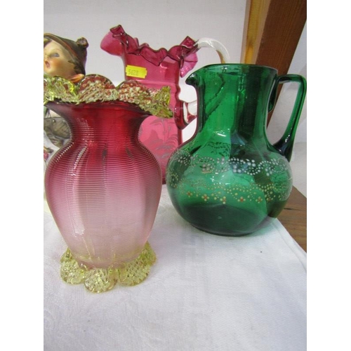 1 - MARY GREGORY CRANBERRY JUG, 3 other antique colour glass jugs, together with pair of Hummel figures