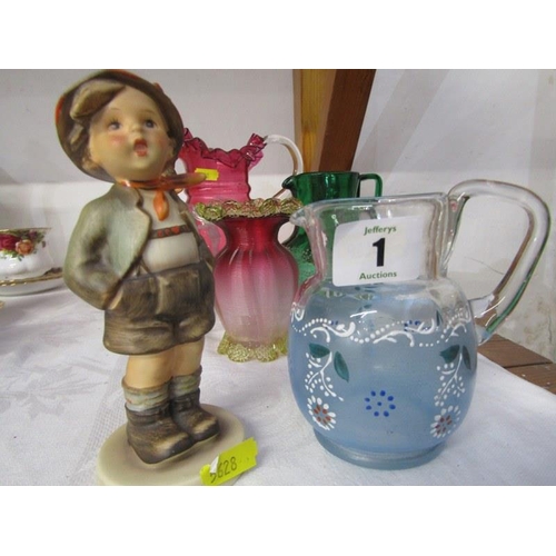 1 - MARY GREGORY CRANBERRY JUG, 3 other antique colour glass jugs, together with pair of Hummel figures