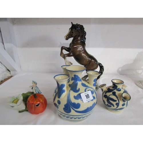 10 - BESWICK HORSE, Welsh Cob, first version; also 2 Devon pottery flower holders, Edwardian condiment an... 