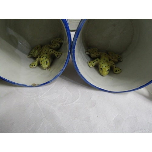14 - STAFFORDSHIRE POTTERY, 2 polychrome decorated frog tankards