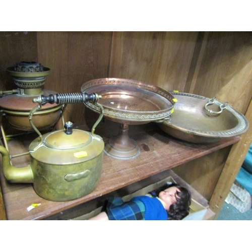 37 - METALWARE, ethnic copper brazing dish, Edwardian spirit kettle, a/f and other metalware