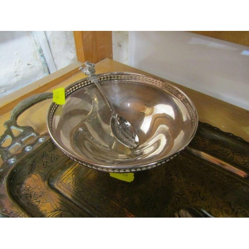 45 - BENARES brass tray, plated comport and novelty spoon