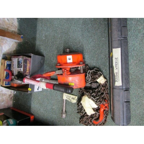 47 - TOOLS, torque wrench, steering lock, metric wheel brace, pulley block and other tools