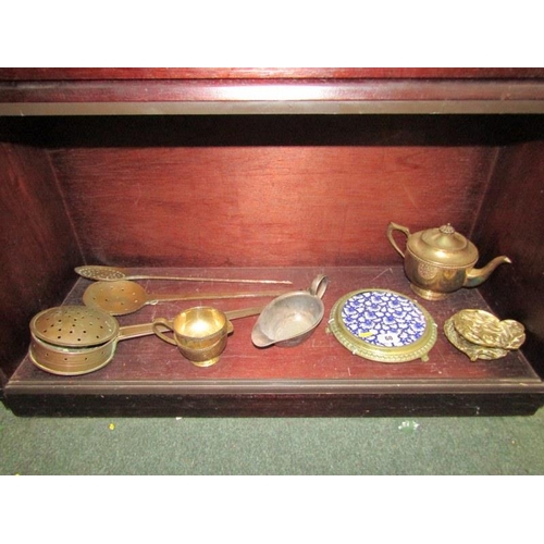 60 - METALWARE, chestnut roaster, 2 dairy skimmers, tile top tea pot stand and contents of shelf