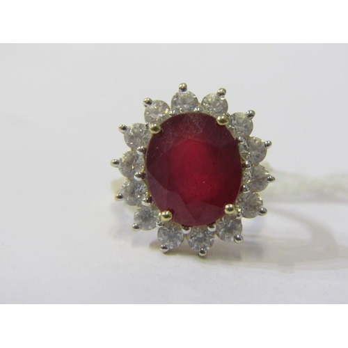 171 - RUBY CLUSTER RING, large oval ruby ring, cluster of white sapphires, 9ct gold band, size K, 5.5 gram... 