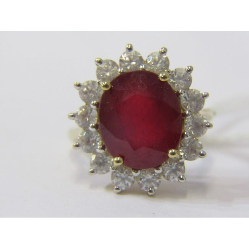 171 - RUBY CLUSTER RING, large oval ruby ring, cluster of white sapphires, 9ct gold band, size K, 5.5 gram... 