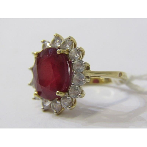 171 - RUBY CLUSTER RING, large oval ruby ring, cluster of white sapphires, 9ct gold band, size K, 5.5 gram... 