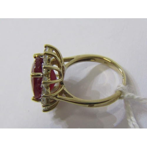 171 - RUBY CLUSTER RING, large oval ruby ring, cluster of white sapphires, 9ct gold band, size K, 5.5 gram... 