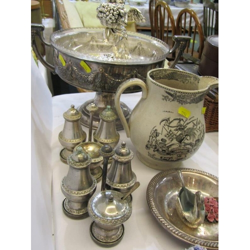 23 - SILVERPLATE, twin handled fruit bowl, condiment ware, also Victorian farmer's arms jug, etc