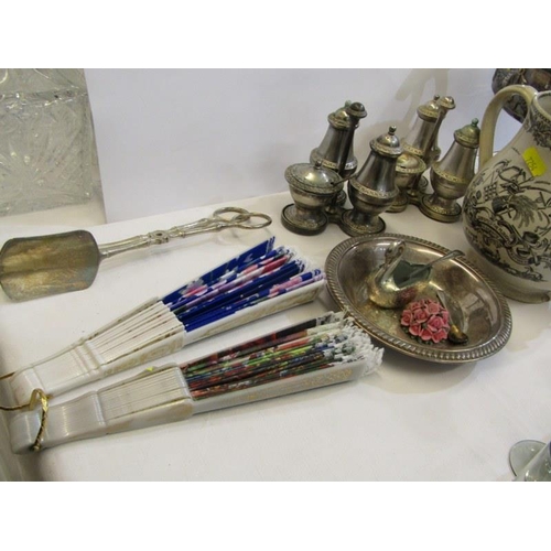 23 - SILVERPLATE, twin handled fruit bowl, condiment ware, also Victorian farmer's arms jug, etc