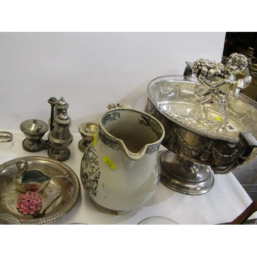 23 - SILVERPLATE, twin handled fruit bowl, condiment ware, also Victorian farmer's arms jug, etc