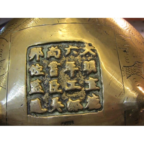 58 - ORIENTAL METALWARE, Chinese brass temple censer on tripod base, 9cm height; also Chinese brass twin ... 