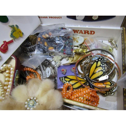 265 - COSTUME JEWELLERY & BADGES, large box of beaded necklaces, faux pearls, enamel badges, etc