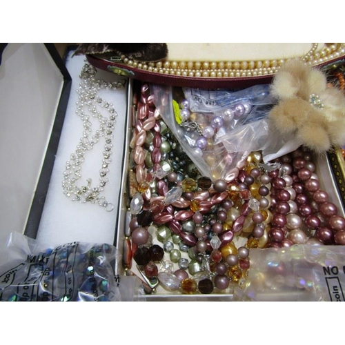 265 - COSTUME JEWELLERY & BADGES, large box of beaded necklaces, faux pearls, enamel badges, etc