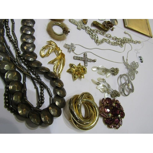 268 - COSTUME JEWELLERY, box containing assorted brooches, earrings, pendants, chains, etc