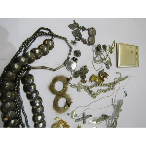 268 - COSTUME JEWELLERY, box containing assorted brooches, earrings, pendants, chains, etc