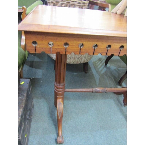 450 - VICTORIAN MAHOGANY SIDE TABLE on twin cabriole legs and stretcher base